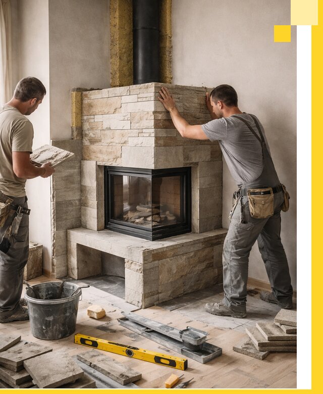 Угловые камины под ключ проект, монтаж и отделка в Полевской