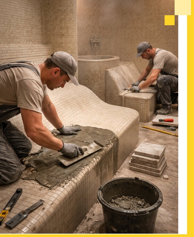 Лежаки для хамама под ключ в Полевской, проект и монтаж