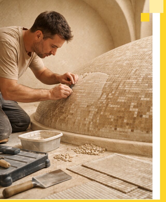 Профессиональная укладка мозаики для хамама под ключ в Полевской